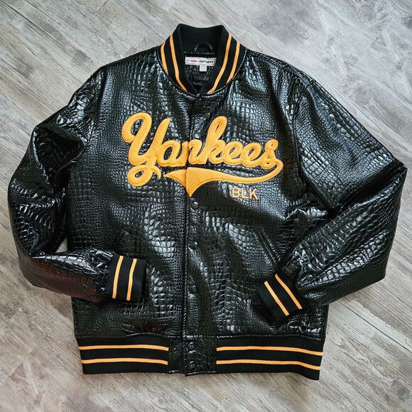 SD Sport NY Yankees Croc Style XL PU Leather Varsity Jacket Black Yellow MLB - Picture 2 of 16